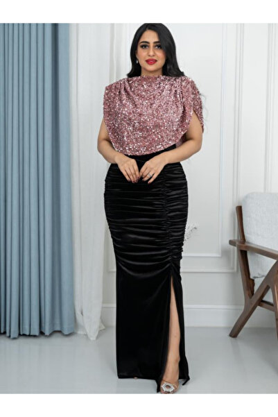 TREN Elegant Sequin Top Velvet Maxi Dress Black Ruched Skirt Side Slit Party ...