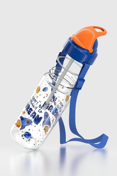 Renga Sonic Air Patterned 500 ml Tritan Children's Water Bottle with Strap and Straw 912058 Blue-Orange