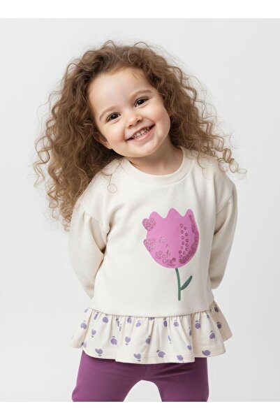 LUESS Kız Çocuk Oversize Çiçek Baskılı Pamuklu Ekru Sweatshirt