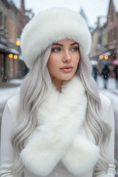 Mood Agenda طقم قبعة وشال شتوي نباتي من الفرو الصناعي للنساء