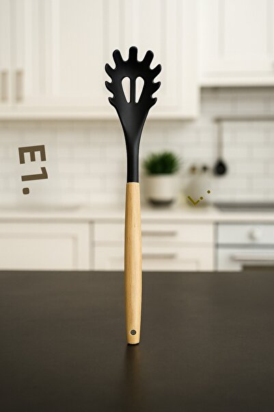 İnterlife Bamboo Handle Silicone Tip Spaghetti Ladle Food Preparation Serving Presentation Ladle 32 cm