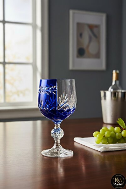 Kristal Market Handmade Crystal Bohemia Blue Double Color Decorative Presentation Stand Footed Goblet Coffee Side Water Glass