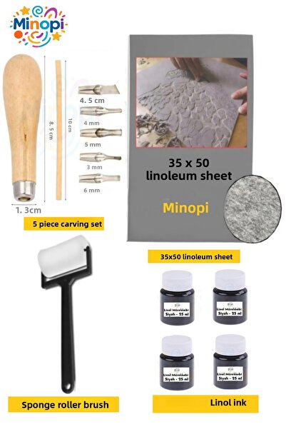 Minopi Linoleum Sheet 2.5 mm 35X50 Cm, Black Ink, Sponge Roller Roller, 5-Piece Carving Set