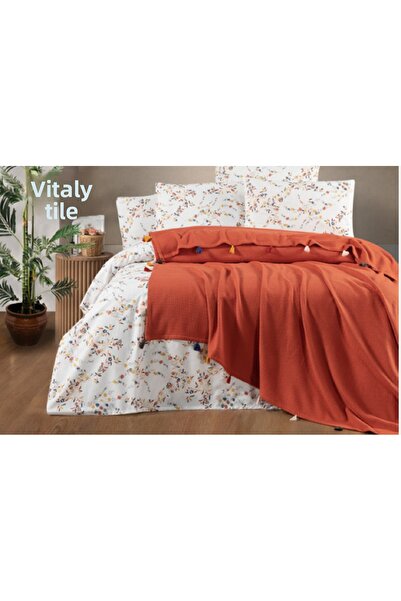 Depomaxx Vitaly Double Pique Set with Pompoms - 100% Cotton - Tile