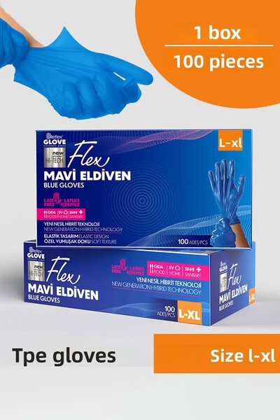 EMORFOHOME قفازات فلكس أحادية الاستخدام خالية من البودرة باللون الأزرق مقاس L-XL، 100 قفاز للفحص الطبي، لا تحتوي على اللاتكس