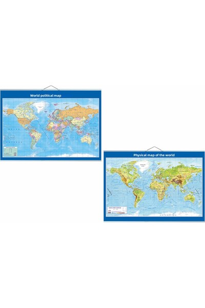 Artı Harita خريطة العالم السياسية والجغرافية 70 × 100 سم - قابلة للكتابة والمسح - مع قضبان - مع حبل تعليق