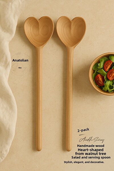 Anadolu Saray Set of 2 Wooden Handmade Walnut Heart-Shaped Salad and Serving Spoons – Natural & Stylish Design