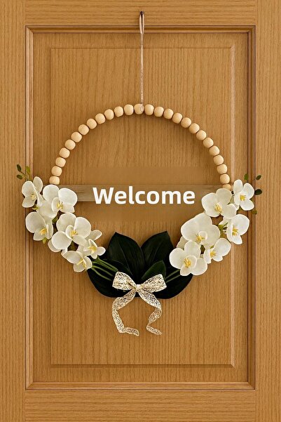 MACROMEKİDS 30 cm Metal Pulley Orchid Flower Outdoor Door Ornament - Welcome Written Home Decor and Gift
