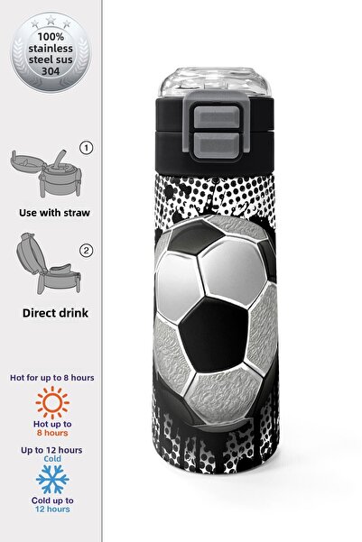 Coral High Kids Football Patterned Steel Thermos with Straw and Direct Drinking 500 ml 31816