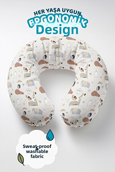 Evimde Bambaşka Pernă de gât din bumbac cu figurine de animale drăguțe - Pernă moale de călătorie gri bej pastel