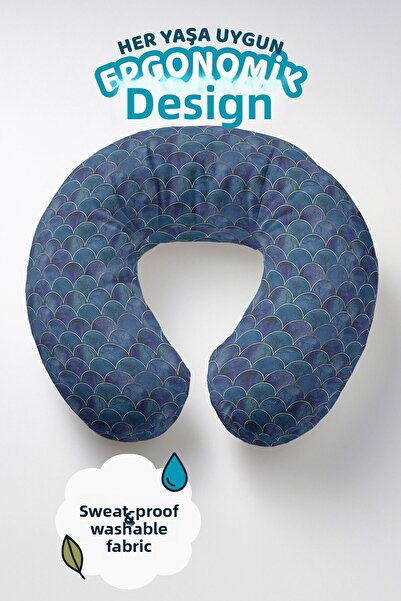 Evimde Bambaşka Fish Scale Pattern Ergonomic Neck Pillow - Modern Navy Blue G...