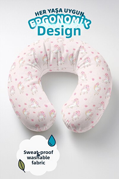 Evimde Bambaşka Unicorn Patterned Cotton Neck Pillow - Pastel Pink Children &...