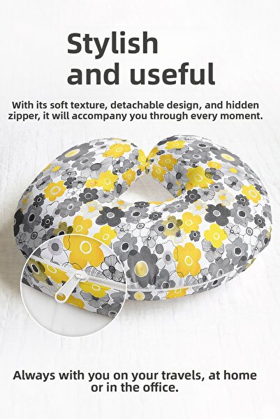Evimde Bambaşka Yellow Gray Floral Ergonomic Neck Pillow - Modern Striped Sof...