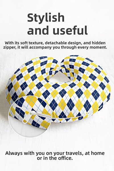 Evimde Bambaşka Pernă pentru gât din bumbac în carouri galbenă bleumarin - mo...