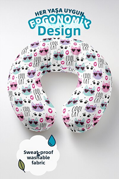 Evimde Bambaşka Cute Cat Cotton Neck Pillow - Colorful Hearts Cool Cat Kids &...