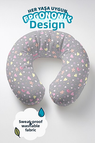 Evimde Bambaşka Bird Flower Heart Ergonomic Neck Pillow - Pastel Grey Pink Ye...