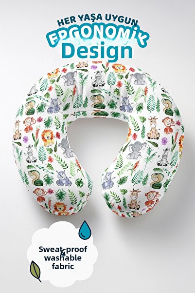 Evimde Bambaşka Cute Animals Themed Cotton Neck Pillow - Tropical Green Color...