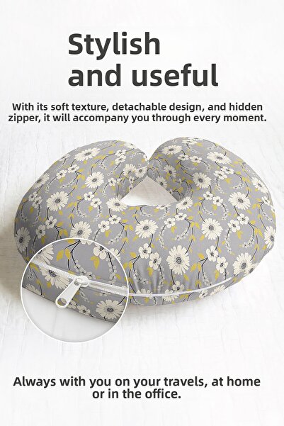 Evimde Bambaşka Pernă ergonomică pentru gât cu model de flori gri - Pernă moale de călătorie modernă, galbenă și albă