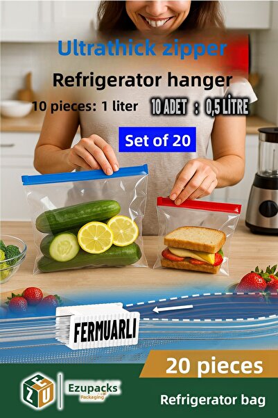 Ezupack 20 قطعة من أكياس التجميد العميقة للثلاجة مع سحاب، منظم للتخزين وحاوية...
