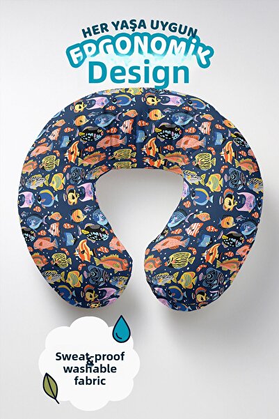 Evimde Bambaşka Colorful Tropical Fish Neck Pillow - Sea-Themed Navy Blue Kid...