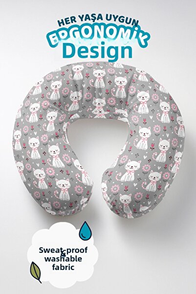 Evimde Bambaşka Cotton Neck Pillow with Cat Figure - Cute Floral Pattern Gray...