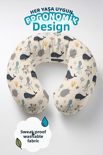 Evimde Bambaşka Pernă de gât din bumbac cu tematică animale marine - Pernă de călătorie cu balenă drăguță, caracatiță, culoare galbenă gri