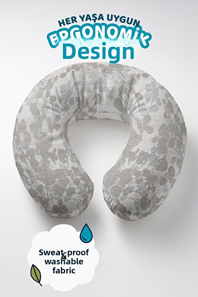 Evimde Bambaşka Възглавница за врата от памук с мотив сиви листа - мека крема...