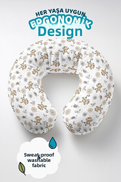 Evimde Bambaşka Pernă pentru gât din bumbac cu model de maimuță - Pernă de călătorie albă bej cu figurine adorabile de animale