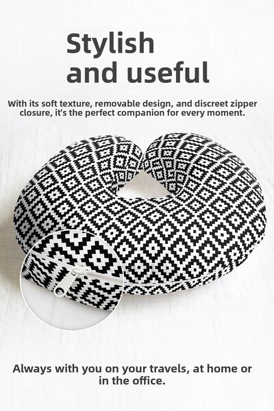 Evimde Bambaşka Pernă pentru gât etnică geometrică, alb-negru - Pernă moale d...