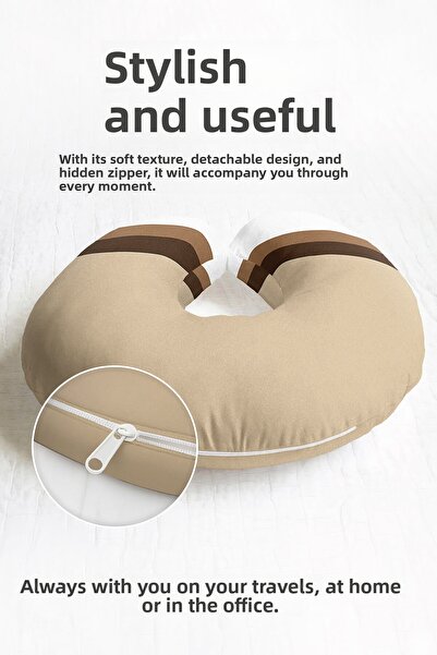 Evimde Bambaşka Modern Striped Neck Pillow - Minimalist Beige Brown Soft Trav...