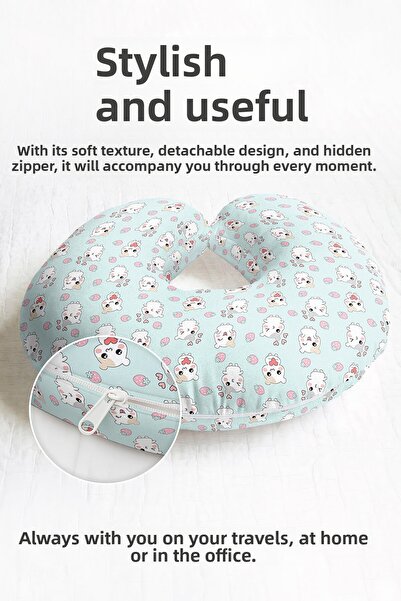 Evimde Bambaşka Pernă pentru gât din bumbac cu figurine de animale drăguțe - Pernă de călătorie pentru copii și adulți, albastru pastel, roz