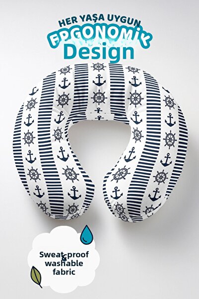 Evimde Bambaşka Pernă pentru gât Marin Striped Anchor Dume - Pernă de călătorie cu tematică marină, albastru bleumarin, alb