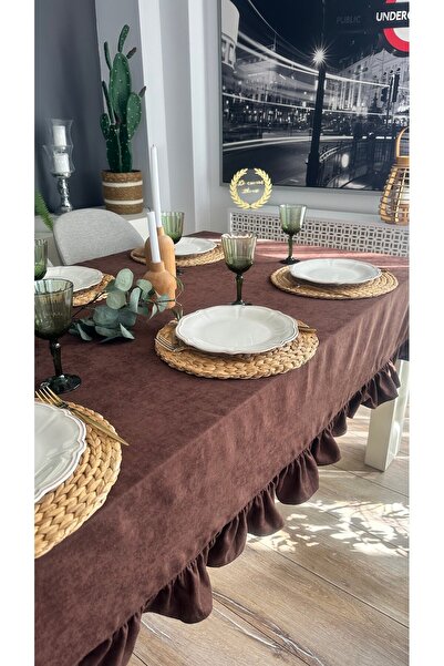 Decamor home Vintage Ruffled Dark Brown Tablecloth, Carefree and Stain-Resistant (Napkin Not Included)