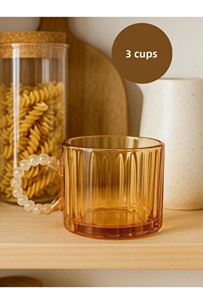 isra kristal Amber Colored Glass Tea and Coffee Cups with Handles – Set of 3 Modern Cups