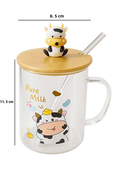 Jenisa Cow Figured Glass Mug – Soft Drink Glass with Bamboo Lid and Glass Straw - Pure Milk
