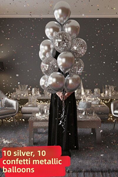 Baloncu Nene بالونات فضية و20 قطعة من البالونات مع كونفيتي فضي، مجموعة زينة ل...