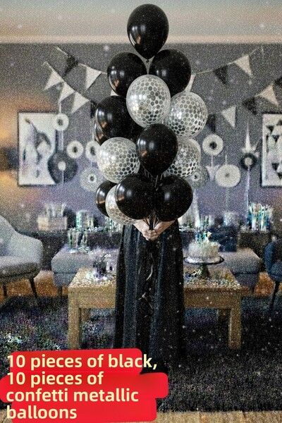 Baloncu Nene 20 Pieces Balloons with Black Balloons and Silver Confetti Black...