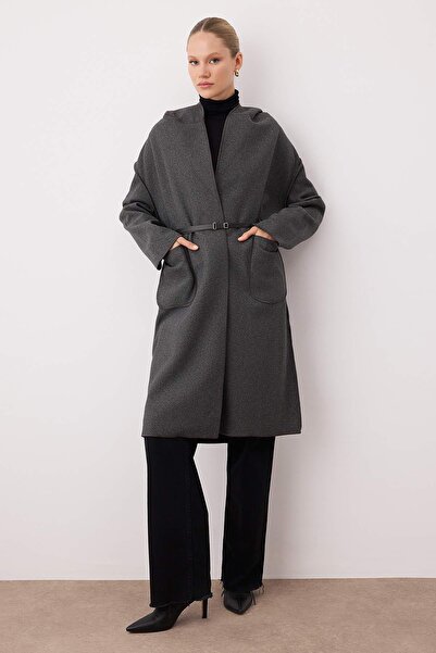 Trendyol Collection Gray Hooded Belted Unlined Soft Textured Oversize Long Cashmere Coat Twoaw26Kb00054