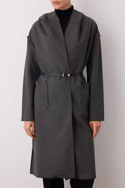 Trendyol Collection Gray Hooded Belted Unlined Soft Textured Oversize Long Cashmere Coat Twoaw26Kb00054