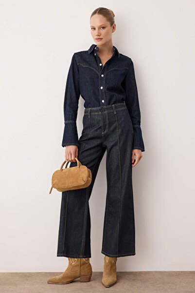 Trendyol Collection Blugi cu talie înaltă, albastru închis, cu croiala culotte TWOAW26JE00170