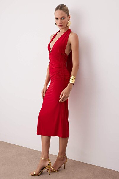 Trendyol Collection Red Midi Cocktail Dress with Accessory Detail Tpraw26El00076