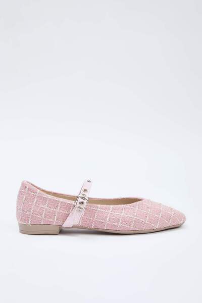TRENDYOL SHOES Rosa Tweed Mary Jane Vogelaugenriemen Spitzenschuh Damen Ballerinas TAKAW26BE00004