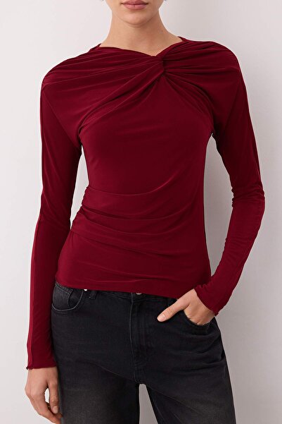 Trendyol Collection Burgundy Straight Asymmetric Neckline Long Knitted Sandy Party Blouse Tpraw26Bz00016