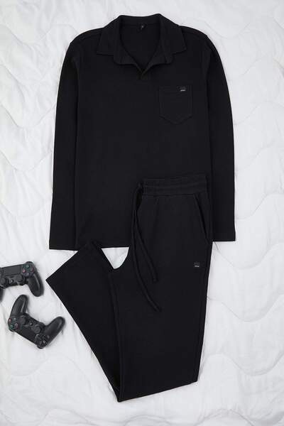 Trendyol Collection Чорний Regular Крій Поло Комір Етикетка Деталізований Текстурований Піжамний Комплект TMNAW26PT00029