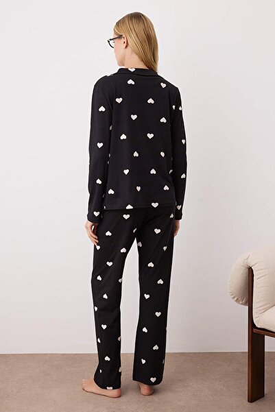Trendyol Collection Set pijama negru 100% bumbac cu model inimă THMAW21PT0548