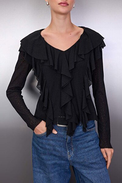 Trendyol Collection Black Flounced Ruffled V-Neck Regular Knitted Blouse Twoaw26Bz00271