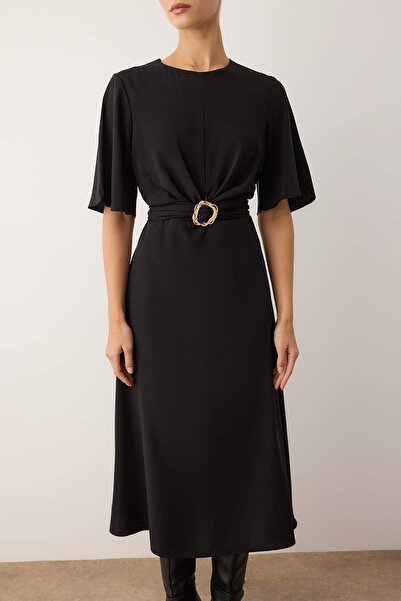 Trendyol Collection Black Plain Accessory Detail Midi Woven Dress Twoaw26El00067