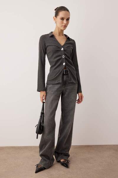 Trendyol Collection Anthracite Polo Neck Gathered Buttoned Bodycon Stretchy Knitted Blouse Twoaw26Bz00176