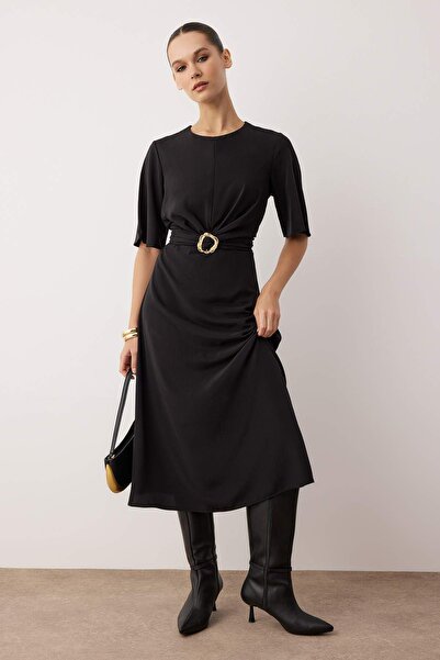 Trendyol Collection Black Plain Accessory Detail Midi Woven Dress Twoaw26El00067