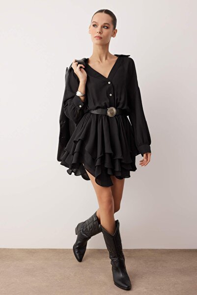 Trendyol Collection Black Super Mini Skirt Flywheel Detailed Woven Chiffon Dress Twoaw26El00310
